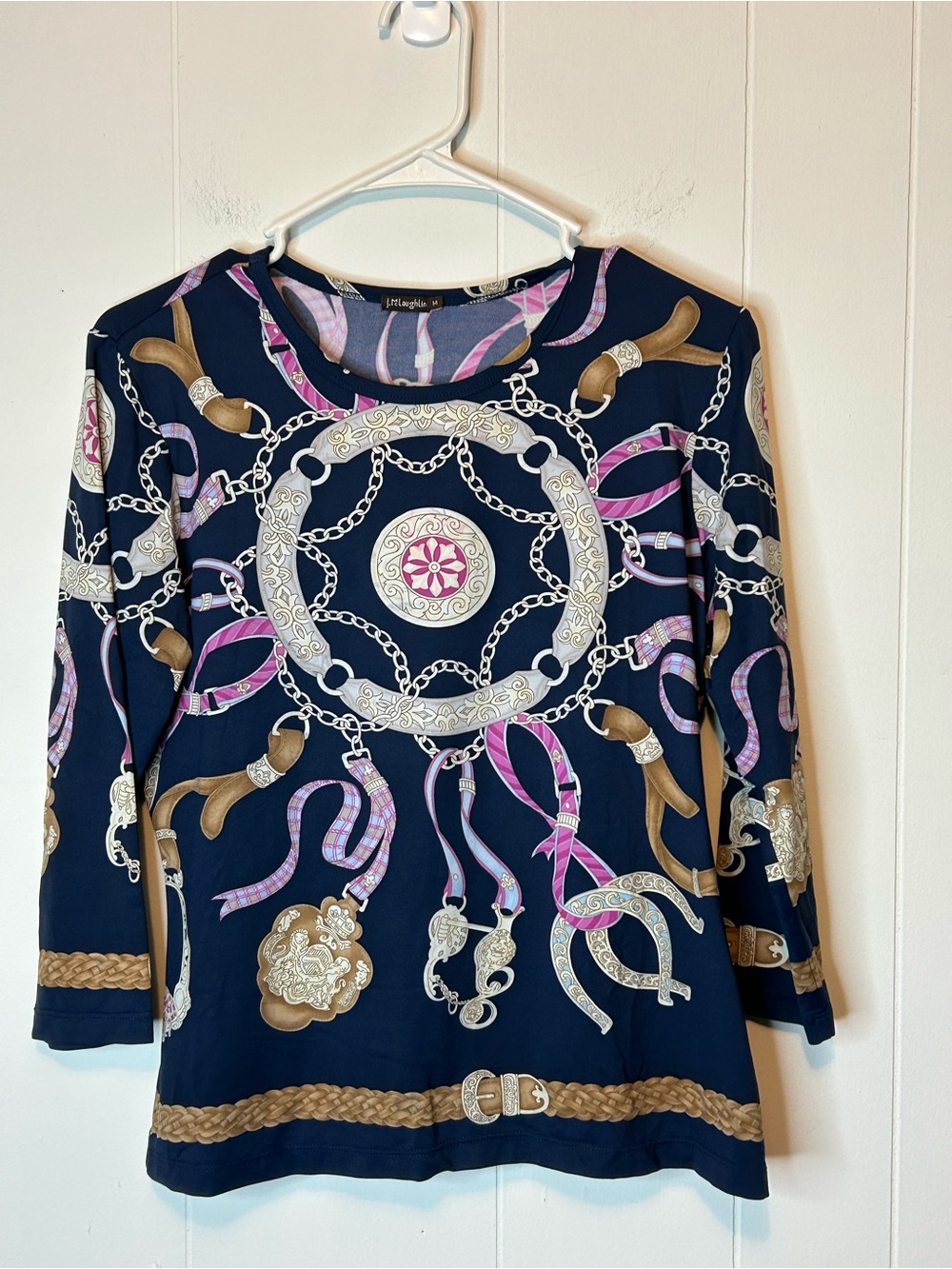 J McLaughlin Women’s Size Medium 3/4 Sleeve Blouse Navy Equestrian Print 362